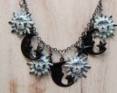 Celestial Necklace - Suns, Moons, Stars - Black, Indigo, White Wash Patina - Summer Star Gazing Fashion - Gift Box