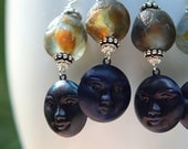 Celestial Blue Moonface Earrings - Indigo Patina - Boho, Rustic - Recycled Glass Beads in Blue and Copper Brown - Gift Box