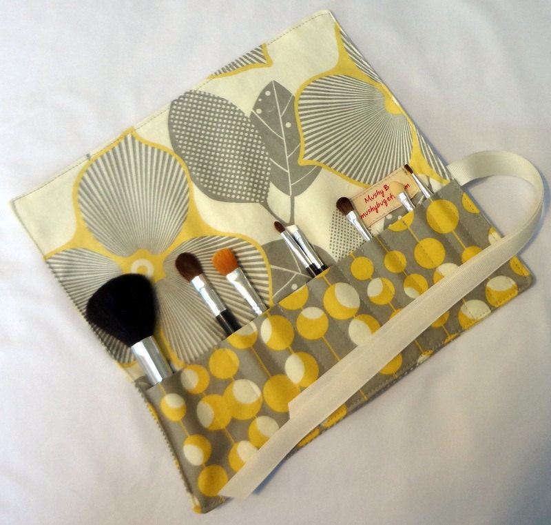 Makeup Brush Roll in Amy Butler Linen Optic Blossoms and Martini - Large Size (see shop annc. for free shipping offer)