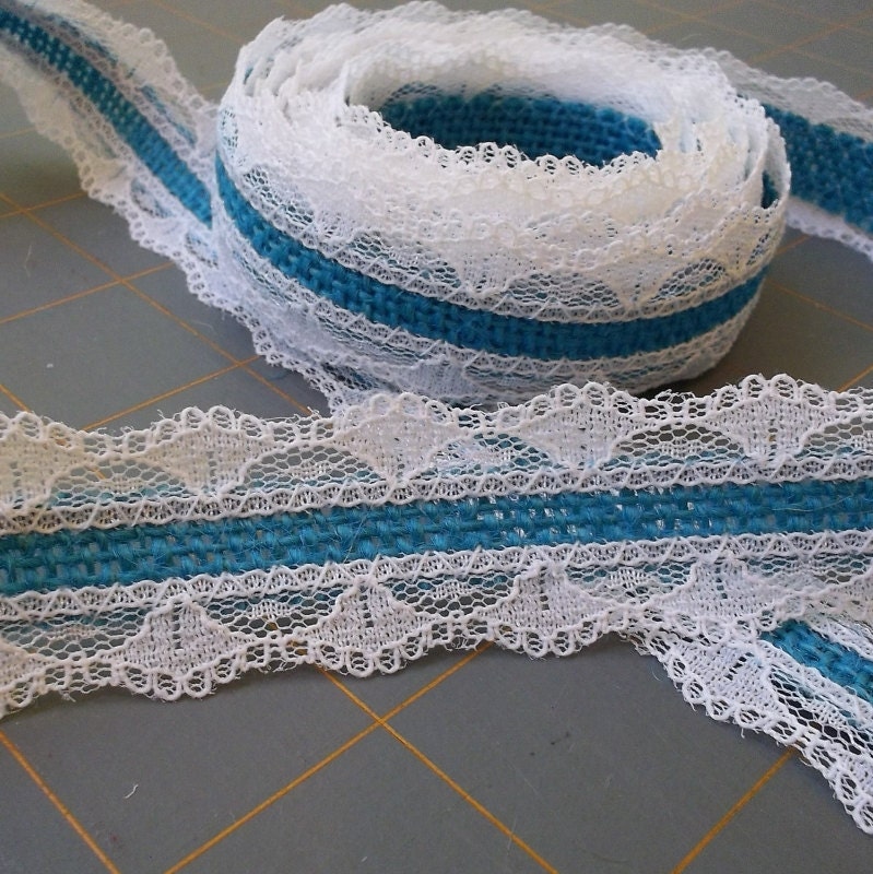 Turquoise Burlap with White Lace Ribbon - 1 inch x 3 yards