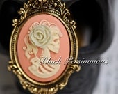 NEW - Miss Skeleton Antique Gold Metalized Ornate Victorian Necklace - Ivory Peach Lolita Skull Skeleton Girl Cameo 40x30mm