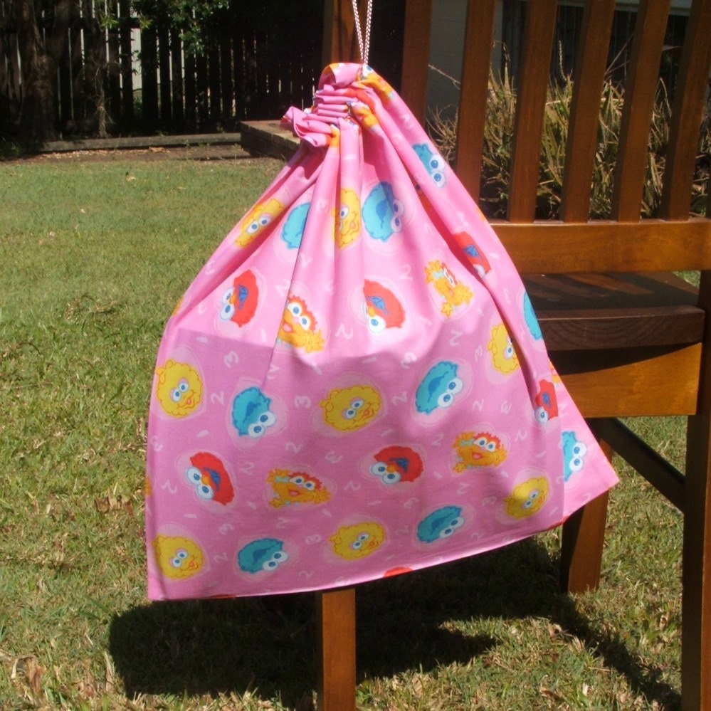 Sesame Street babies drawstring bag large pink cotton for school toys sheets storage