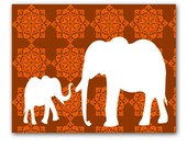 Mama and me - Fine art print, mother and baby elephant, damask design, safari animal, nursery decor,brown and orange color