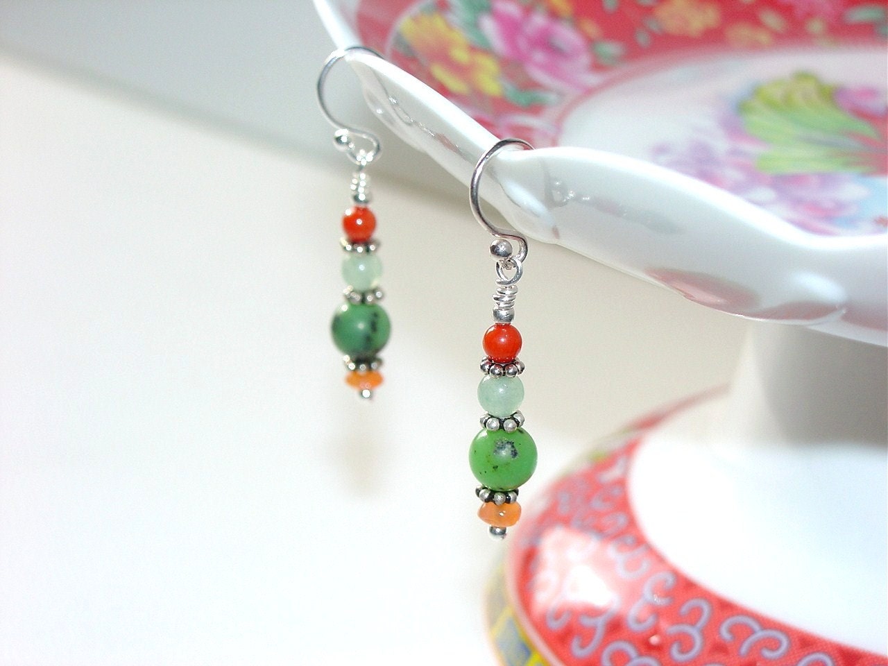 Jade Coral Carnelian & Aventurine Earrings with Sterling Silver and Genuine Gemstones