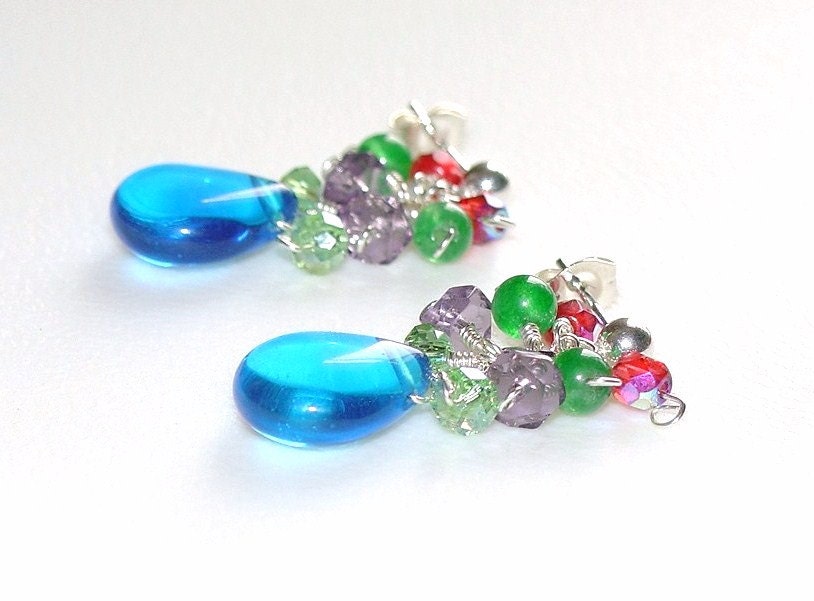 Sterling Silver Post Earrings with Gem Clusters of Blue Quartz Purple Amethyst Green Aventurine and Rose Crystals