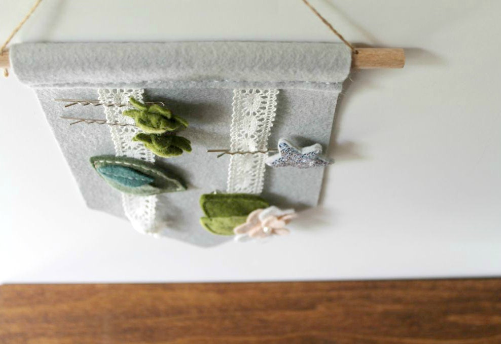 Women's Hair Clip Holder // Felt and Lace // Dove Gray // Boho Chic Farmhouse // Handmade by OrdinaryMommy on Etsy