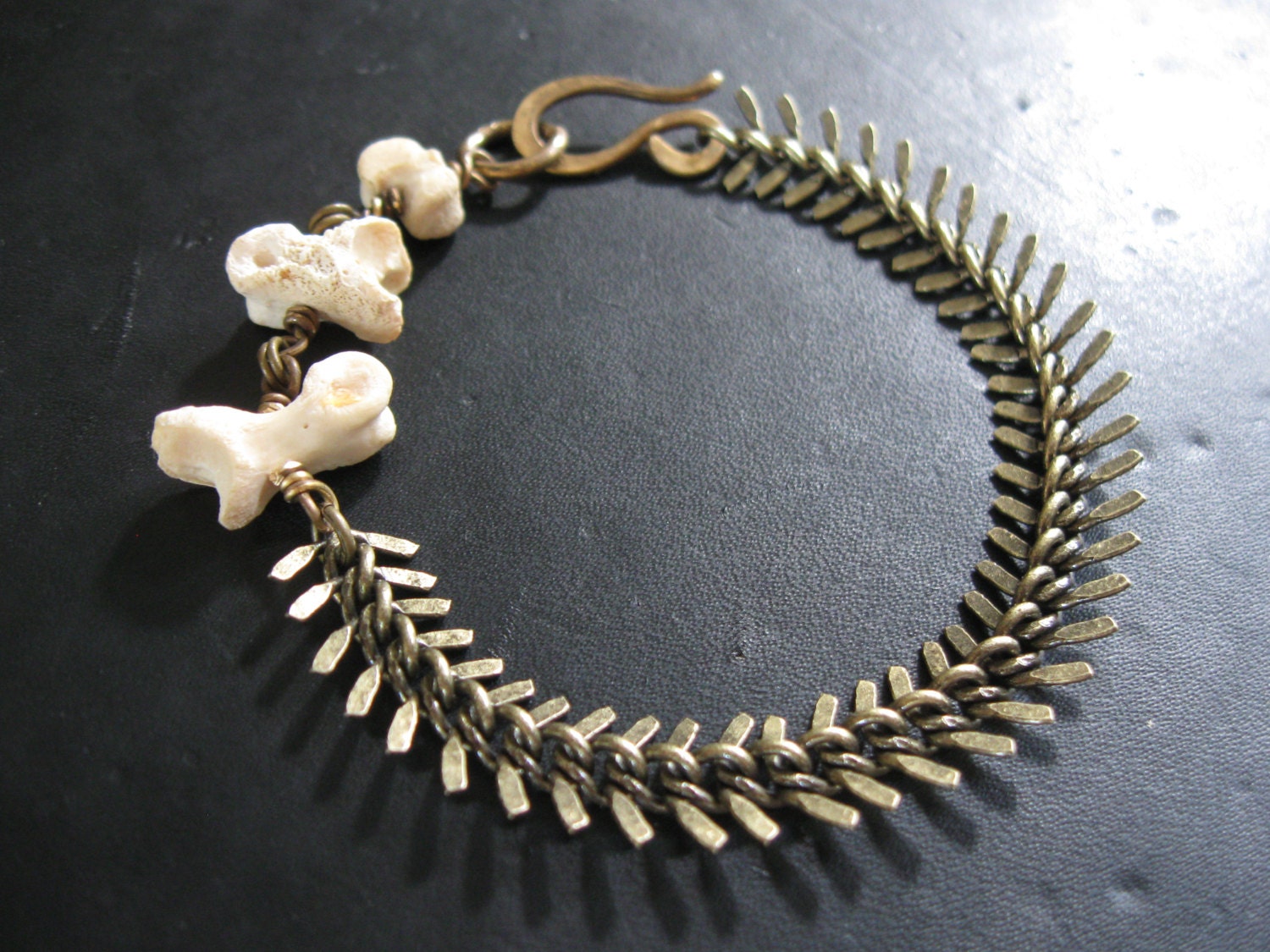 Coyote Bone and Brass Ribcage Chain Bracelet - Rolling the Bones No.2