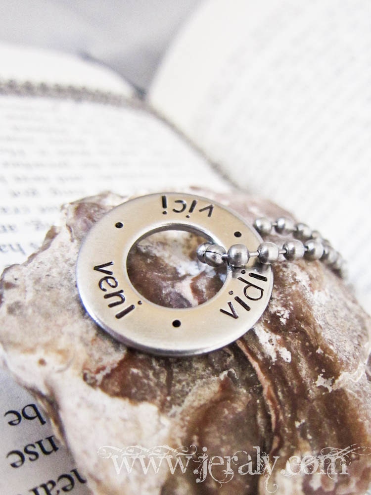Minimalist Hand Stamped Circle Ring Necklace Keychain Custom Made for Moms or Dads - Personalized with Name on Chunky Stainless Steel