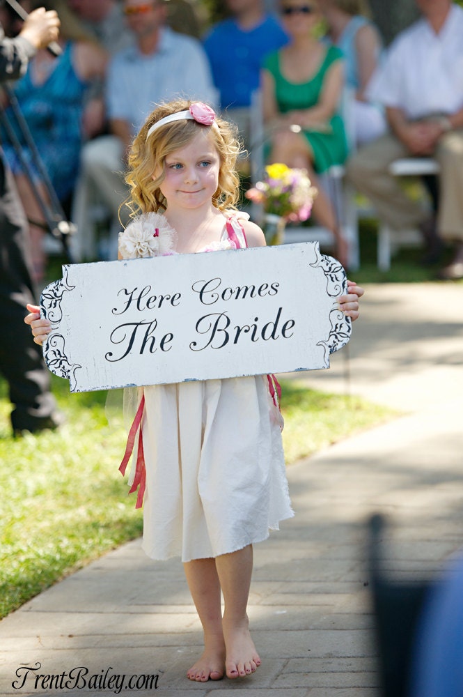 Wedding Sign HERE comes the BRIDE 10x24 REVERSIBLE Flower Girl Ring Bearer