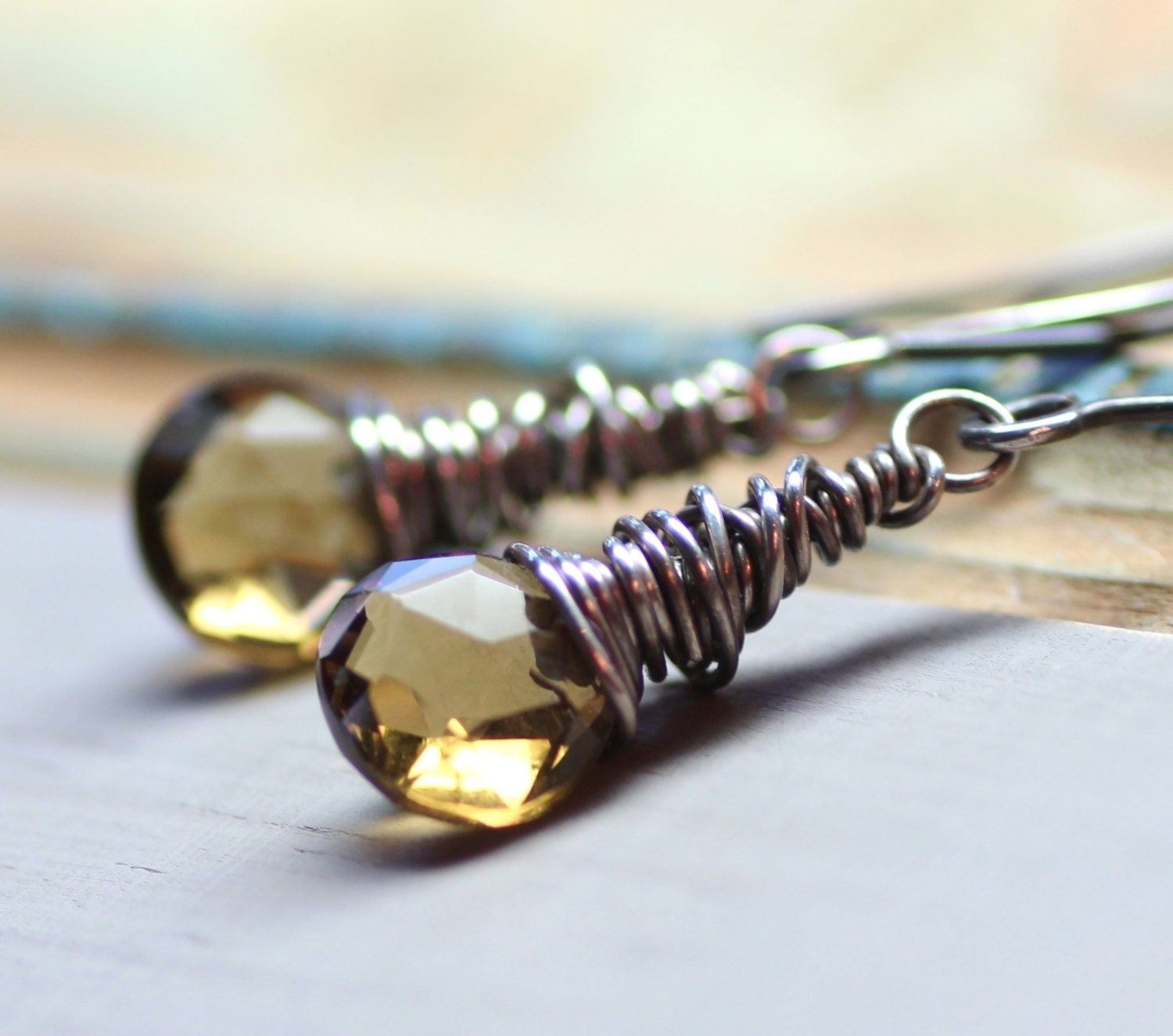 Whiskey Quartz Earrings Green Brown Gemstone Earrings Sterling Silver Wire Wrapped Earrings Rustic Jewelry