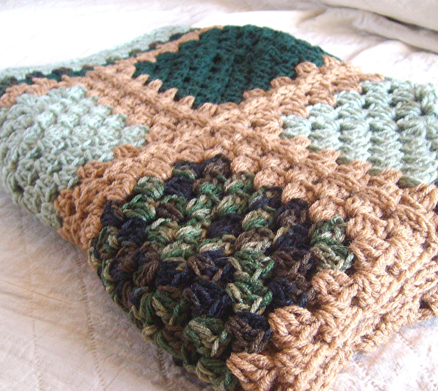 Crochet Granny Square Blanket- Granny Square Afghan / Moss Green Brown Forest Green Crochet Blanket - Rustic Cabin Decor 36" x 47" - ThePrairieCottage