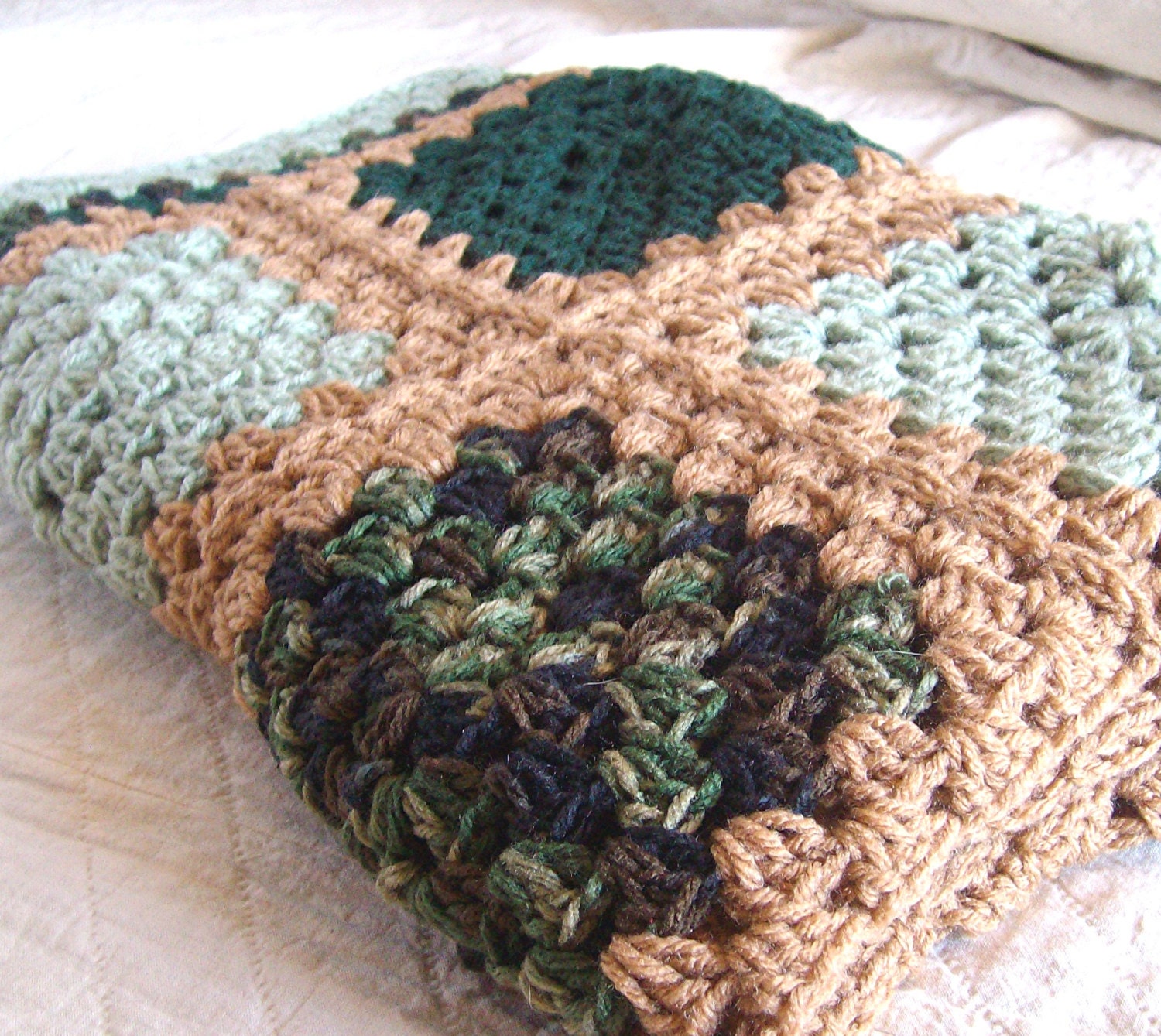 Crochet Granny Square Blanket- Granny Square Afghan / Moss Green Brown Forest Green Crochet Blanket - Rustic Cabin Decor 36" x 47"
