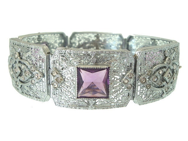 Art Deco Bracelet J.J.White Amethyst Crystal Filigree 1920s Art Deco Jewelry Wedding Jewelry