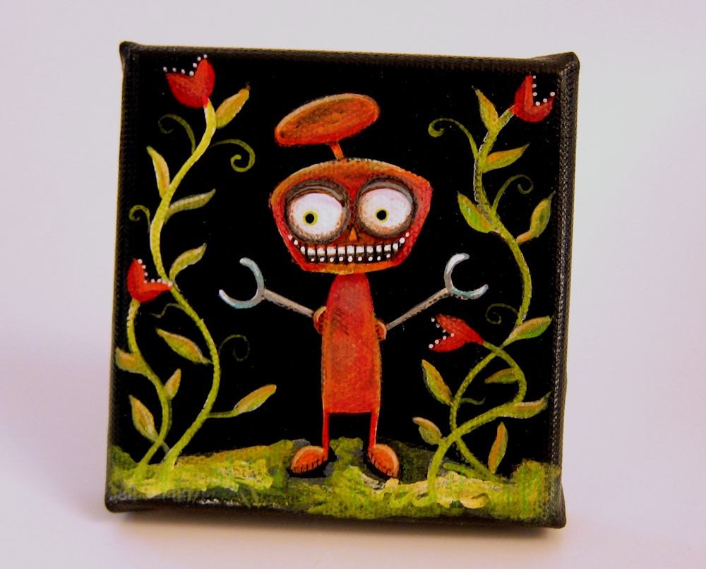 Gus in his Garden - small original robot painting outsider folk art
