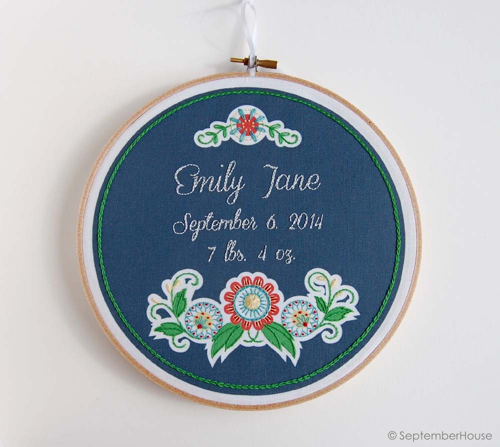 Floral Fabric Panel for Hand Embroidery with free embroidery pattern, DIY fabric for handmade baby gift, birth records or home decor
