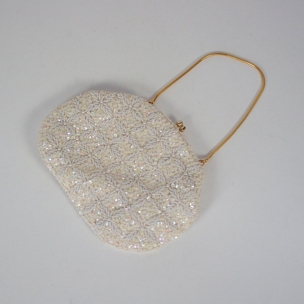 vintage white beaded sequin clutch / bride / bridal / wedding