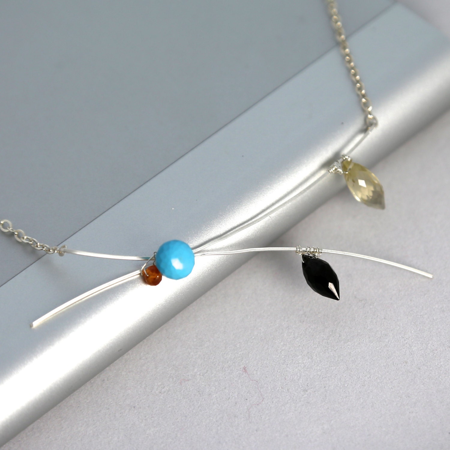 Handmade Sterling Silver Gemstone Pendant Necklace,Spring Blooming, Abstract, Modern, Turquoise, Black Spinel, Lemon Quartz,Mom, Gift