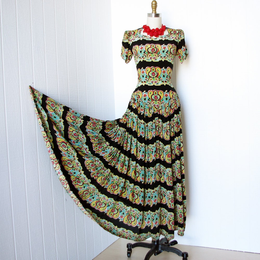 vintage 1940's dress ...gorgeous FORTIES PAISLEY FLORAL rayon novelty print princess sleeves full skirt pin-up maxi dress