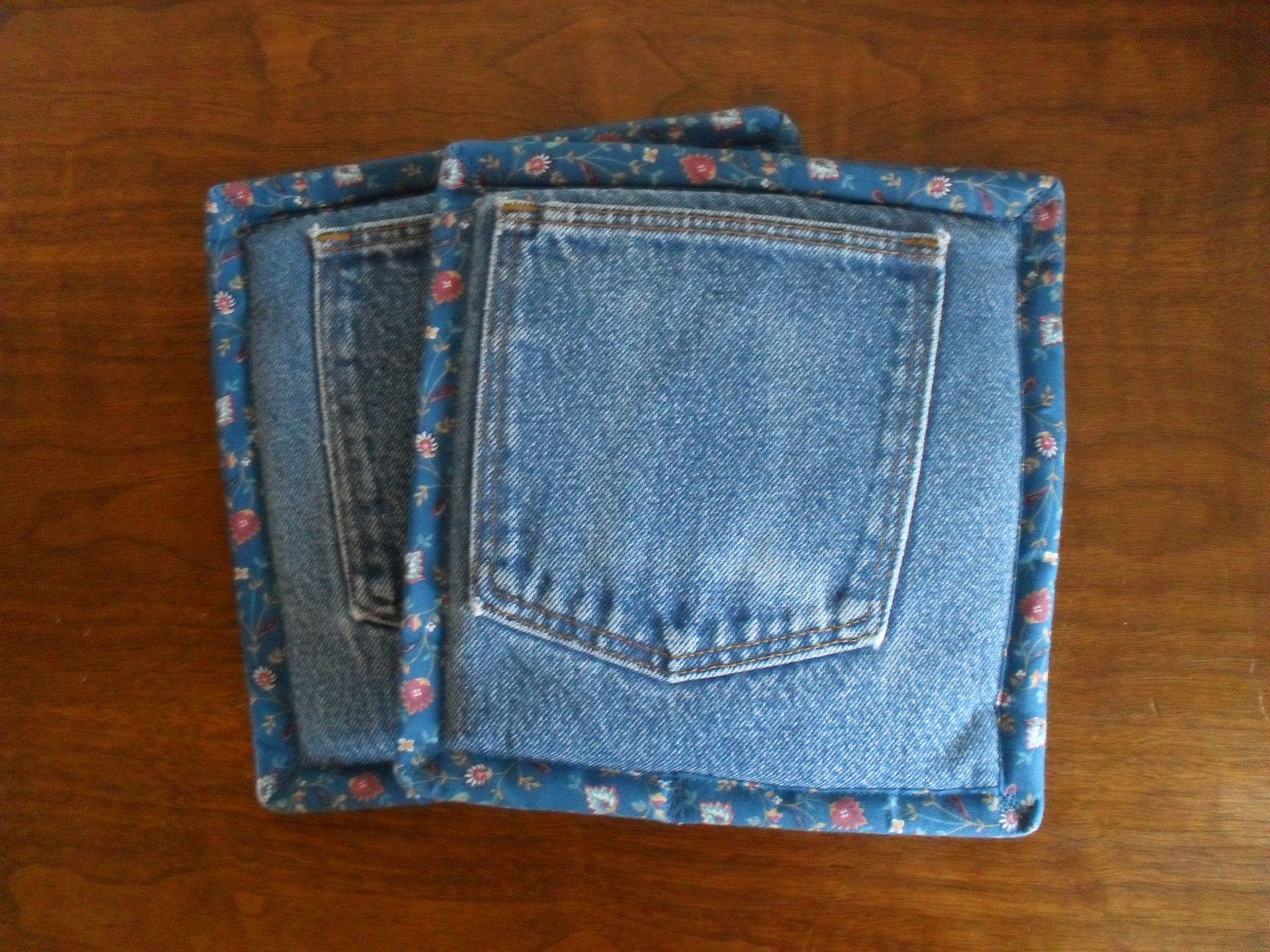 ReCycled Floral Denim Pair RePurposed Pocket PotHolders Hot Pads Pot Holders Handmade