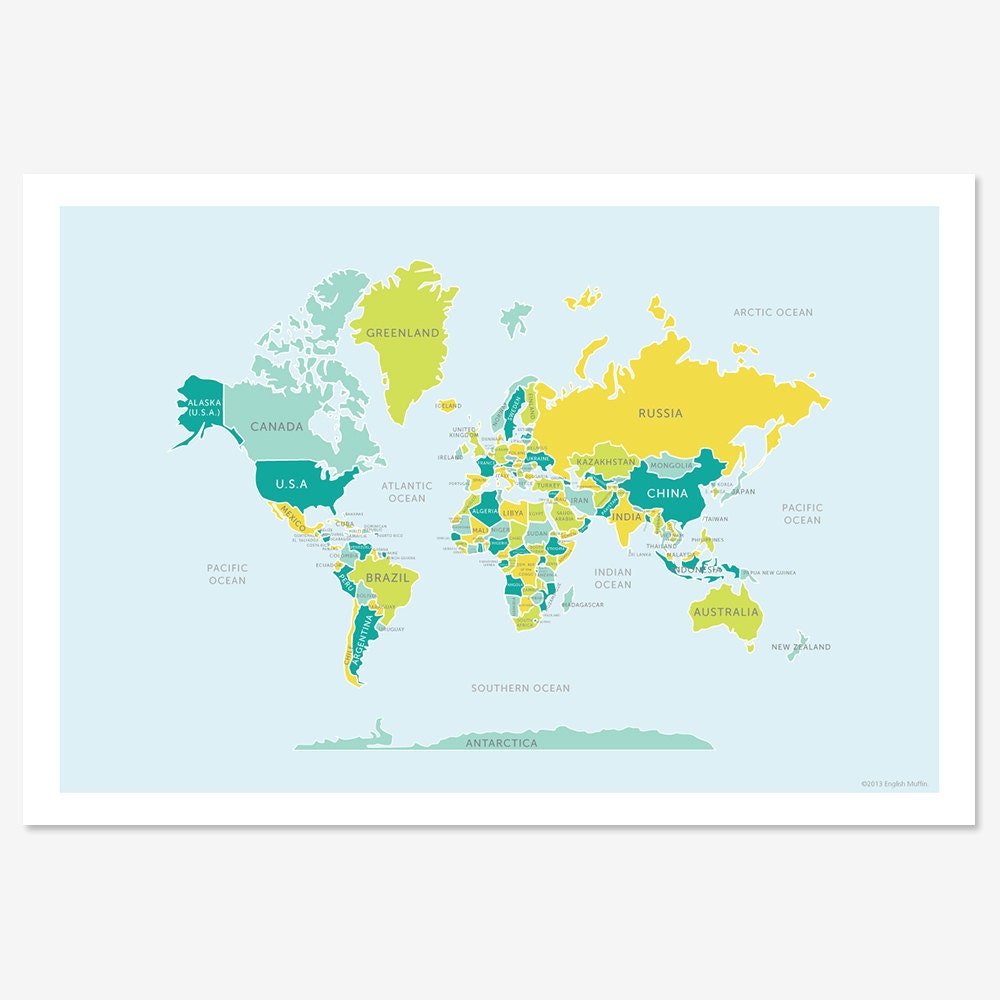 World Map (blues and greens)