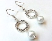 Rhinestone Circle and Pearl Earrings - Custom Colors Available - Silver - Simple Elegant