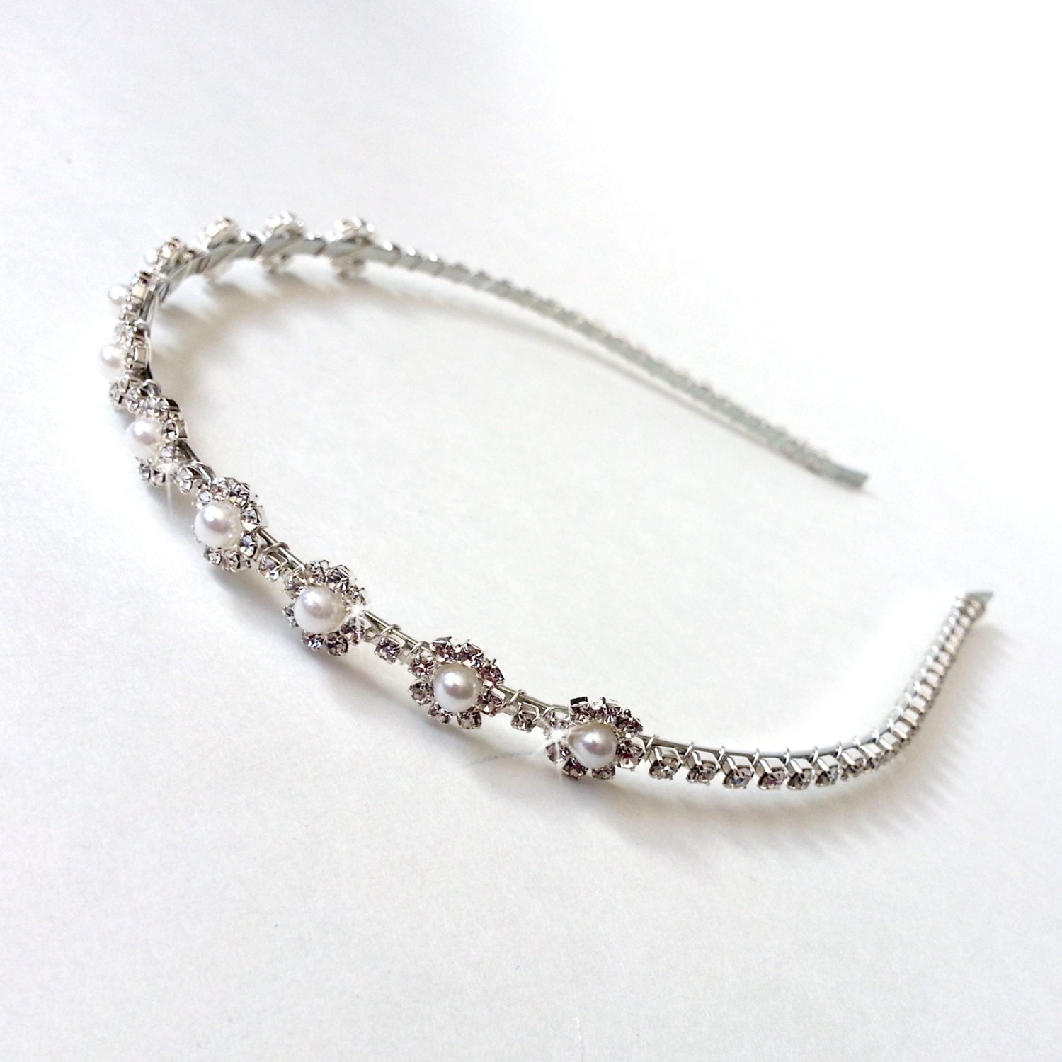 Bridal Headband with Rhinestones and Pearls - Silver Metal Band - Crystal Hairpiece Wedding Headpiece