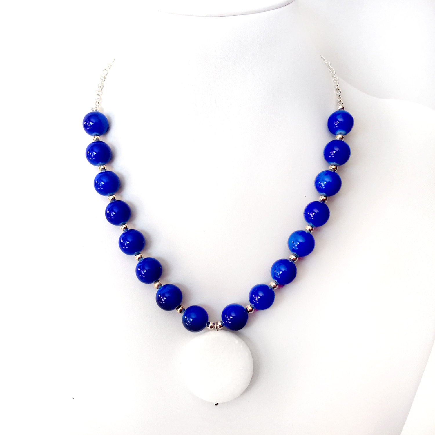Navy and White Necklace - Silver White Pendant - Statement Chunky Beaded - Nautical - Royal Blue