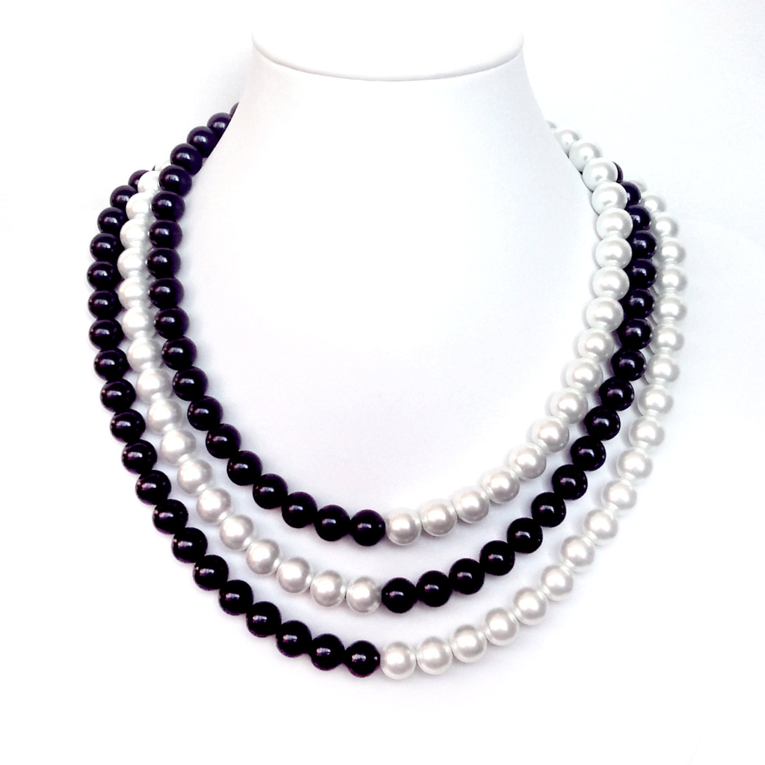 Black and White Pearl Necklace - 3 Strands - Silver Bar Clasp - Layered Statement Necklace