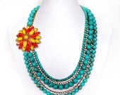 Turquoise Statement Necklace with Orange Flower - Gold - 3 Strands - Asymmetrical - Chunky Turquoise Necklace - Orange Yellow Flower