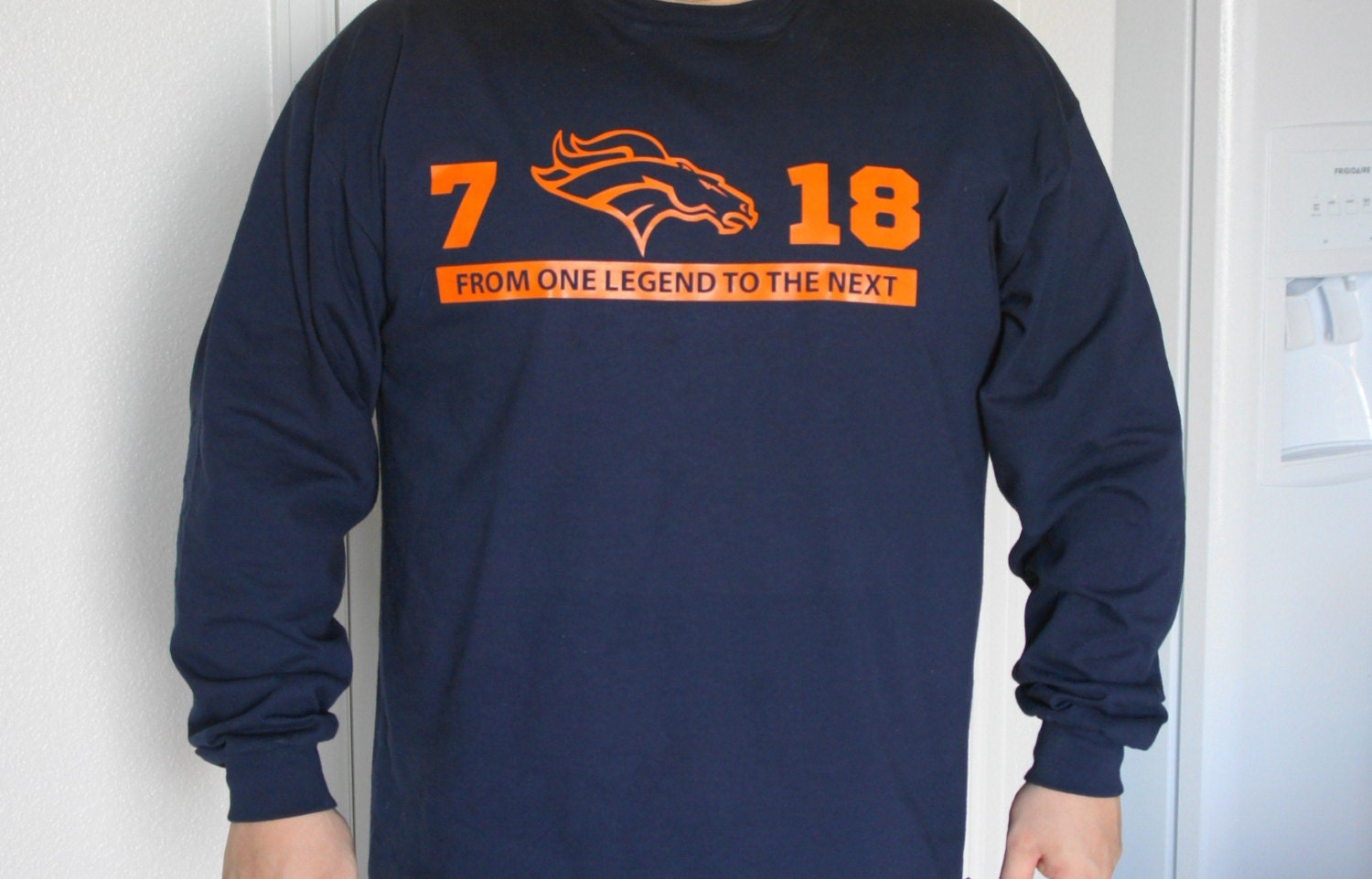 Denver Broncos Football Elway Manning 7 - 18 From One Legend to the next. T shirt Unisex MEN WOMEN Navy with Orange Vinyl Lettering