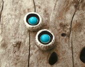 Tiny Sterling Silver Pod Stud Earrings Turquoise Cabochon Studs 3mm Textured Cup Light Blue Jewelry  Mom women post oxidized