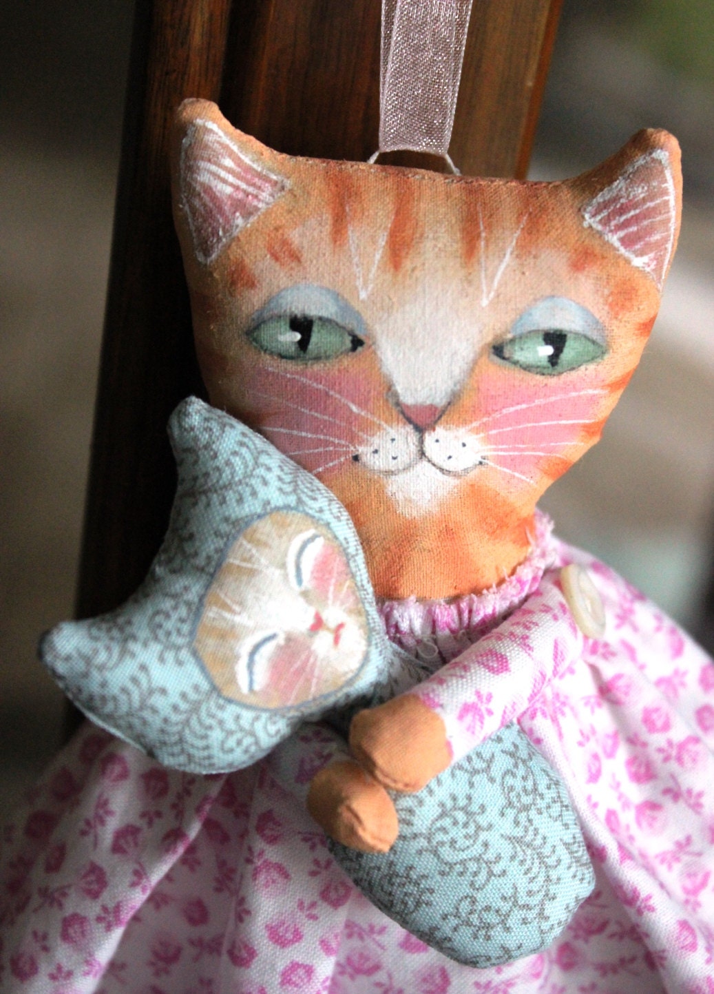Made to order:  Fabric 7 1/4" orange tabby CAT kitty holding her kitten Ornament/doll
