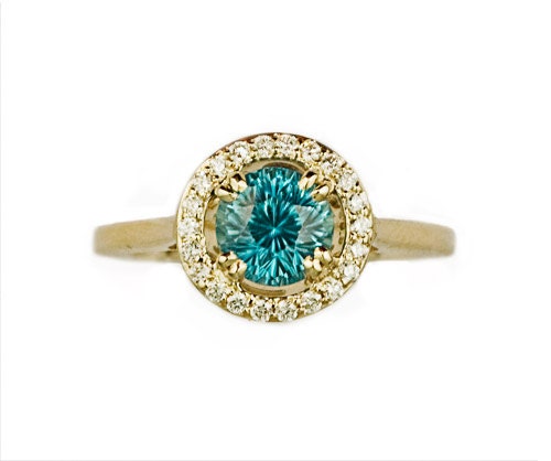 SALE - Blue Zircon Gold Ring with Diamond Micropave Halo