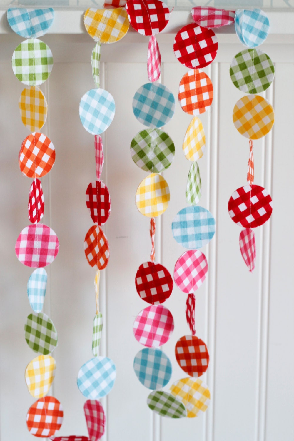 Rainbow Gingham Fabric Garland 6 feet, Red, Orange, Yellow, Green, Blue, Pink