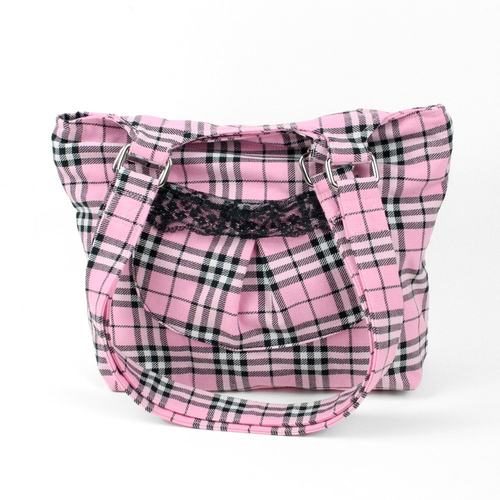 Pink Plaid Purse with Lace Pocket and Set-in Zipper