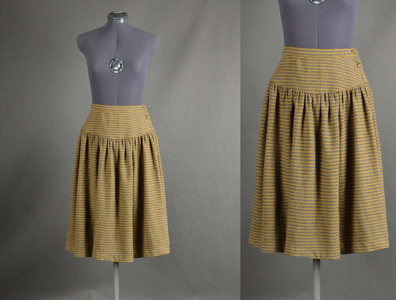 Full Skirt, Vintage 1960s Skirt stripe terrycloth high waist button mustard gray