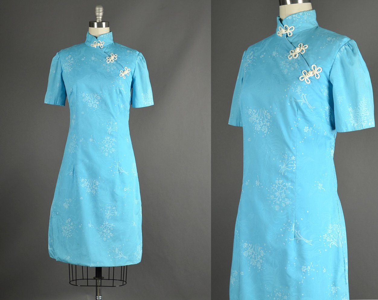 Vintage 1970s Dress Asian novelty floral wiggle dress sky blue 70s Dress day dress