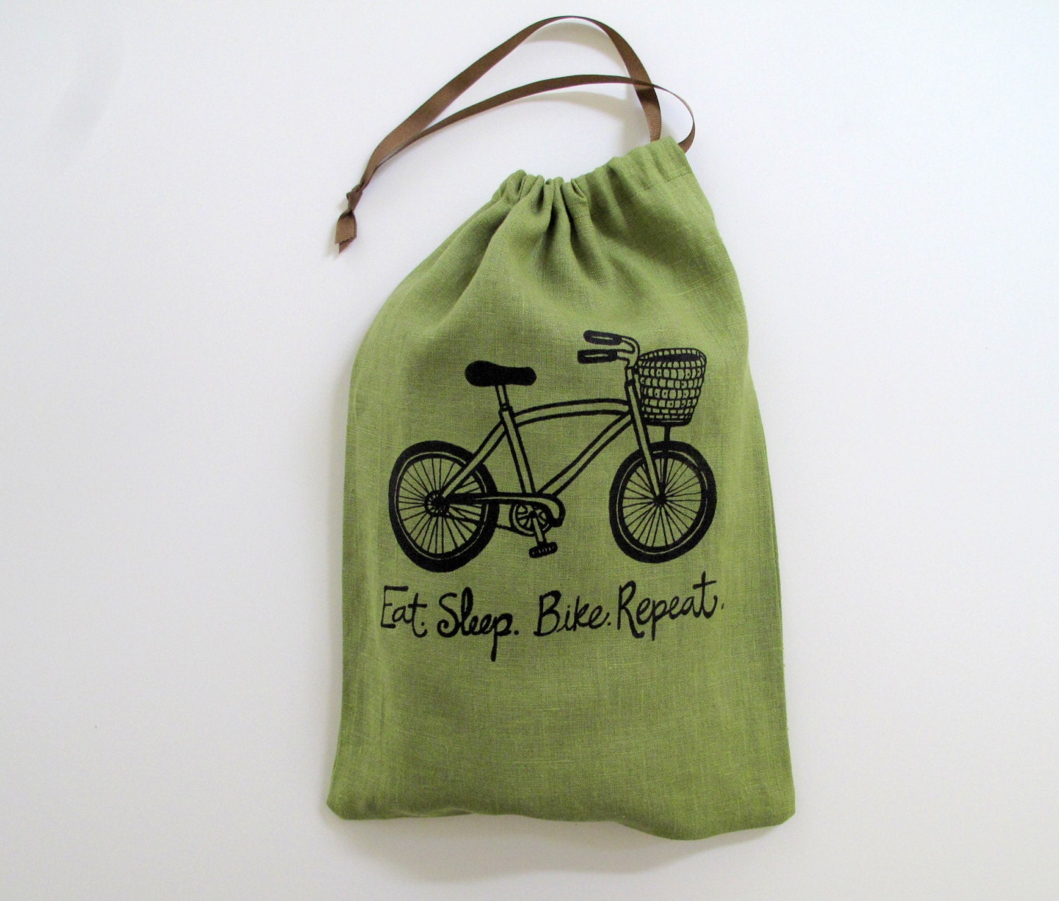 Drawstring Bag, Produce Bag, Reuseable Gift Bag, All Purpose Linen Bag with Bicycle in Black