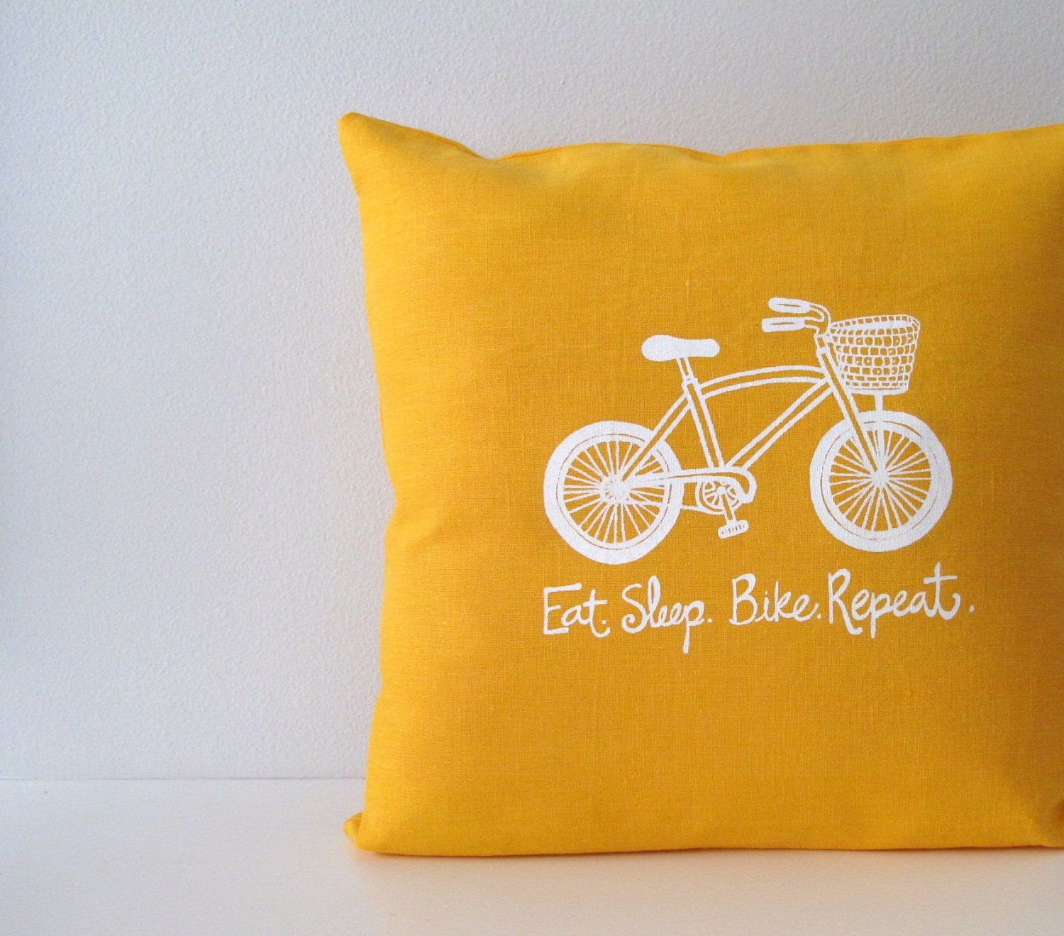 Pillow Cover Cushion Cover Bicycle - Eat. Sleep. Bike. Repeat. on Mustard Yellow Linen  - 16 x 16 inches