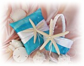 Starfish Beach Wedding Basket Pillow - Turquoise and White Real Starfish Ring Pillow Flower Girl Basket - Beach Weddings Ceremony Decor