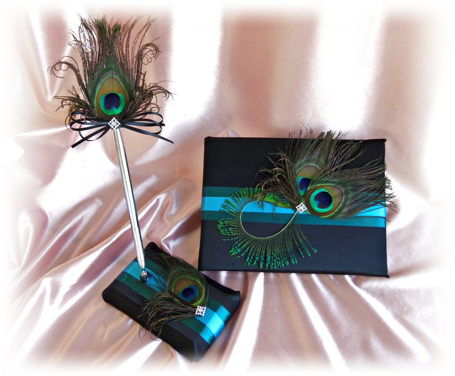 Wedding Guest Book - Peacock Feather Teal Black Guest Book Pen Set -  Paper Goods - Peacock sign in book - Peacock Weddings Decor