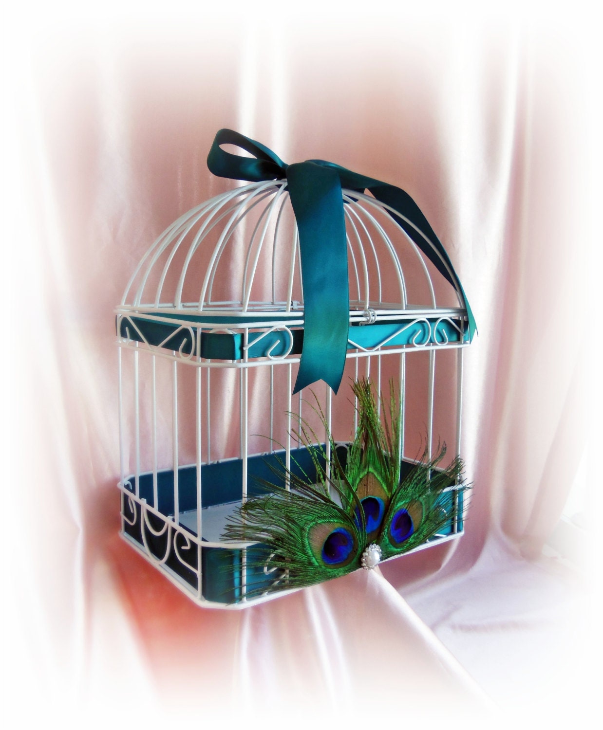 Peacock Feathers Wedding Card Box -  Teal Weddings - Peacock Bird Cage Card Holder, Custom Ribbon Colors