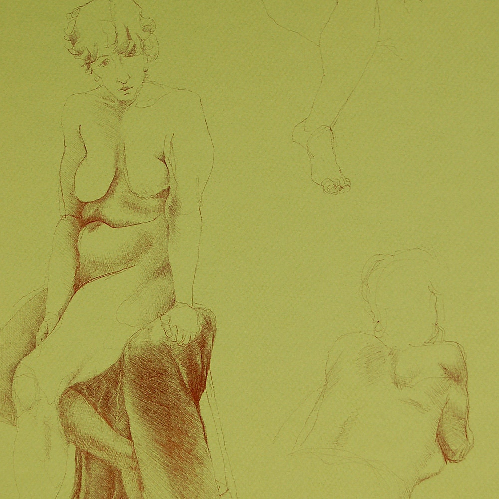 Female Nude Figure drawing on Green paper in pen and ink