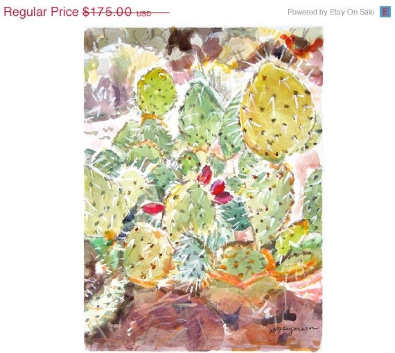 ON SALE NOW Original Art Cactus Patch Original Watercolor, Southwestern Landscape Painting, spring pastel green by Gwen Meyerson