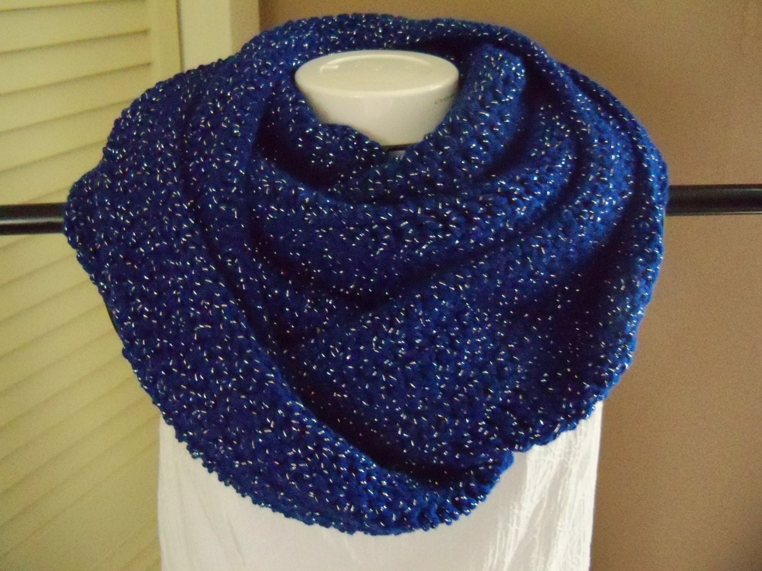Crocheted Royal Blue Sparkle Infinity Scarf Extra Long Cowl Holiday Accessory