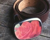 red, red rose- repurposed vintage floral image pewter buckle and belt.