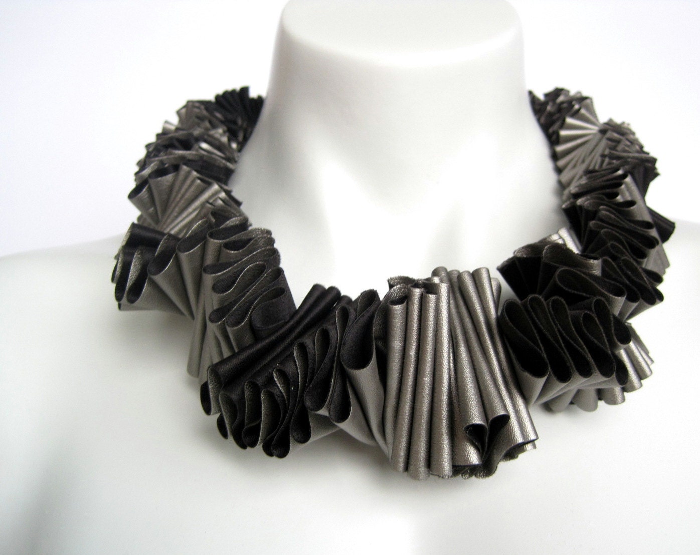 couture design bib necklace, spring fashion ruffle collar, pewter and black pleated collar, statement necklace, metallic look