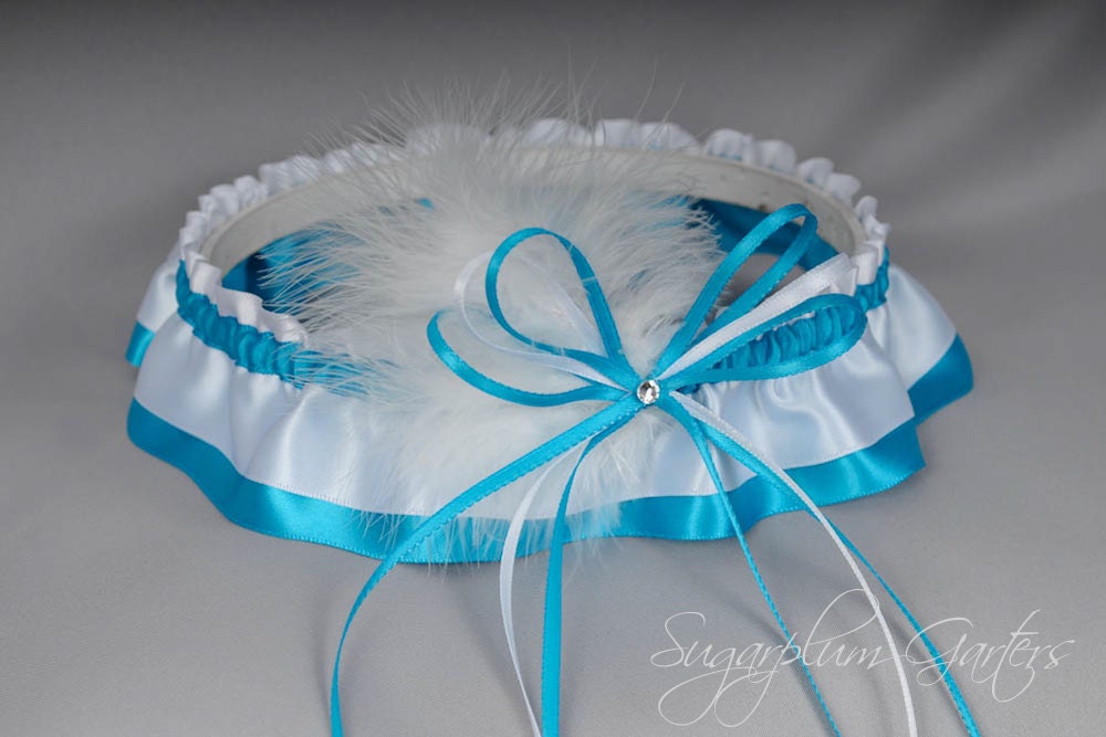 Wedding Garter in Turquoise and White Satin with Swarovski Crystal and Marabou Feathers