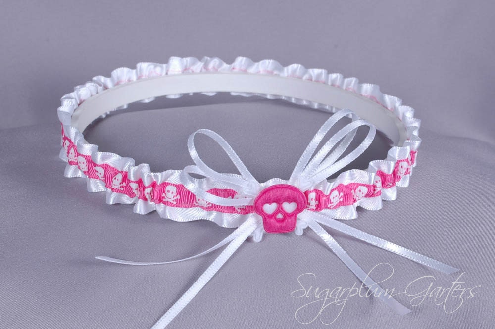 Wedding Garter in Pink Pirate Print and White Satin with Skull and Crossbones - In Stock and Ready to Ship