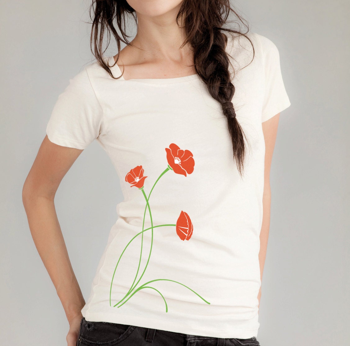 Poppies Print Women's  T-Shirt, Alternative Earth Organic Natural T-shirt